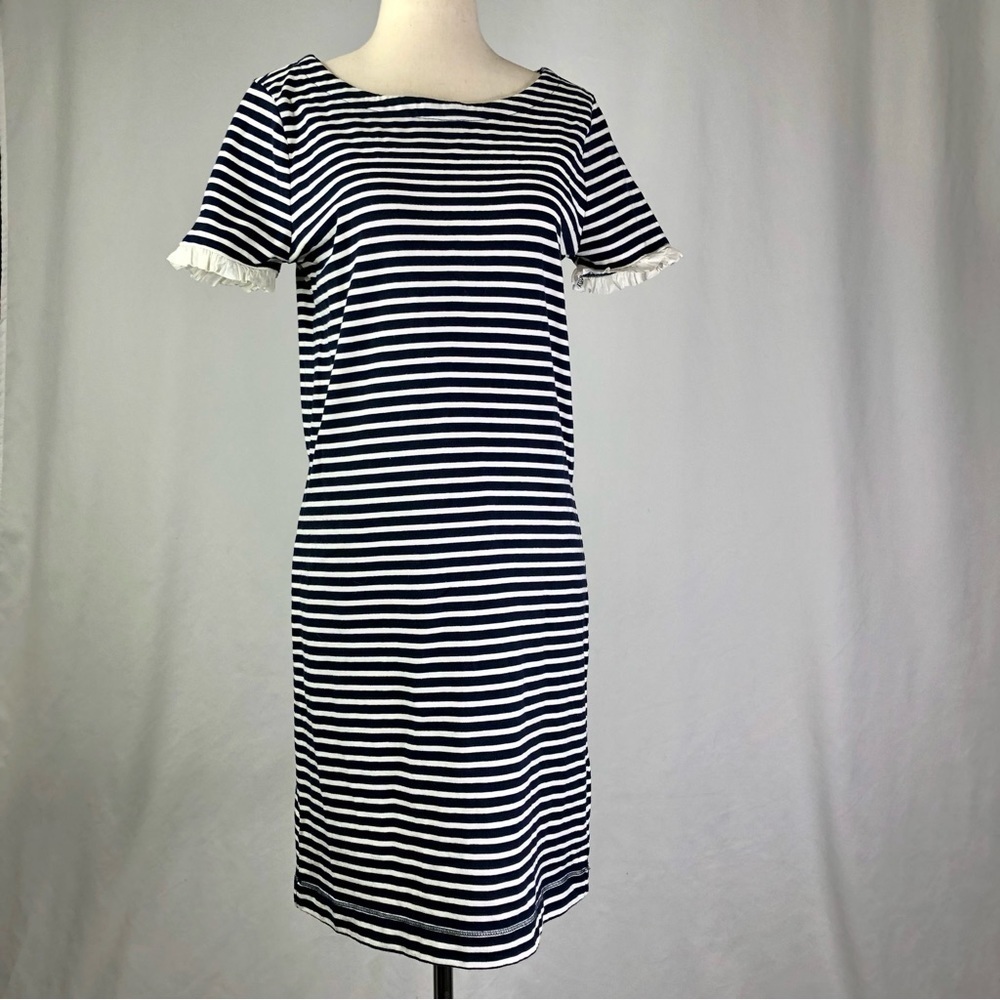 J. Crew Factory Breton stripe t-shirt dress ruffle sleeves navy white S